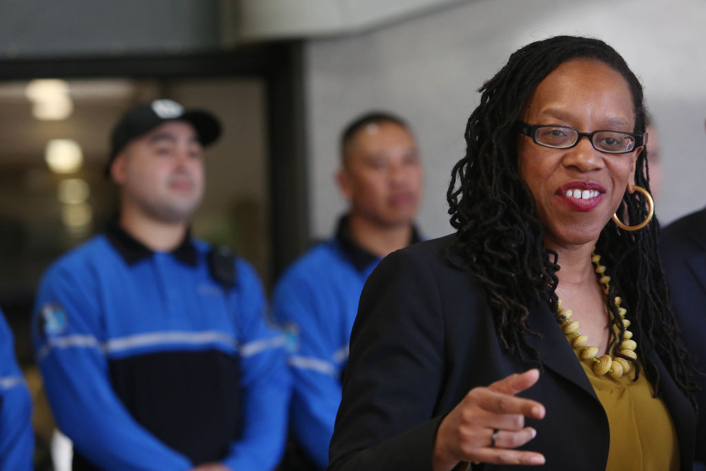 BART Board President Lateefah Simon speaks during a press conference about the BART ambassadors on Monday, February 10, 2020 in Oakland, Calif.