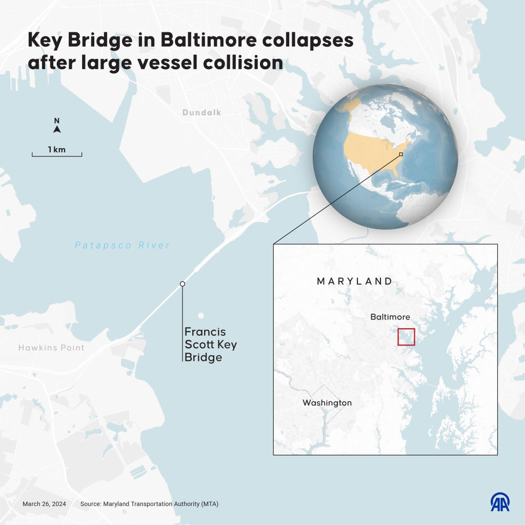 Key Bridge in Baltimore collapses after large vessel collision