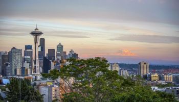 Seattle and Mount Rainier in late Summer Alpenglow. Seattle, Washington, United States of America