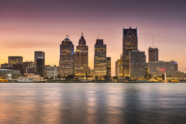 Detroit Michigan downtown urban buildings and city skyline at night