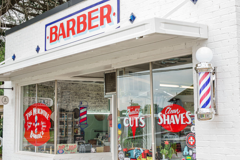 Belmont, North Carolina, barber shop storefront and striped pole
