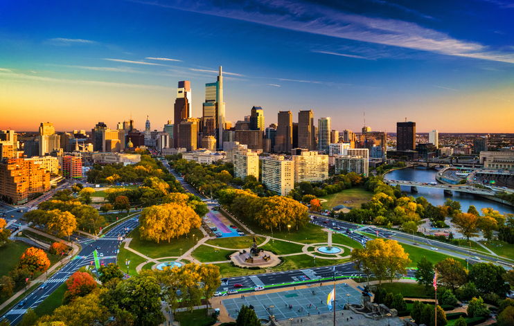 Philadelphia Skyline With Park And River During the Golden Hour