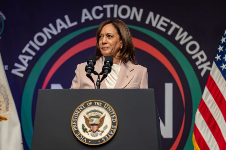 US Vice President Kamala Harris speaks at the National...