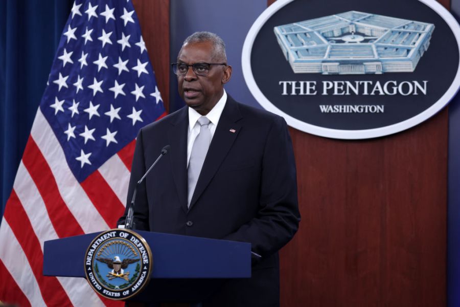 DOD Secretary Austin Holds A Press Briefing At The Pentagon