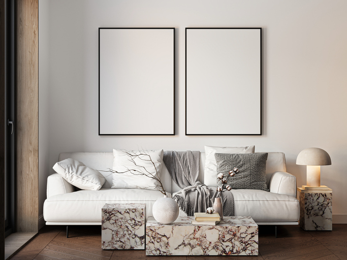 Frame mockup, ISO A paper size. Living room wall poster mockup. Interior mockup with house background. Modern interior design. 3D render