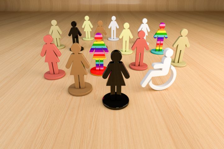 3D illustration of colorful human figures representing diversity and inclusion, with different skin tones and patterns symbolizing equality, respect and unity in a multicultural environment