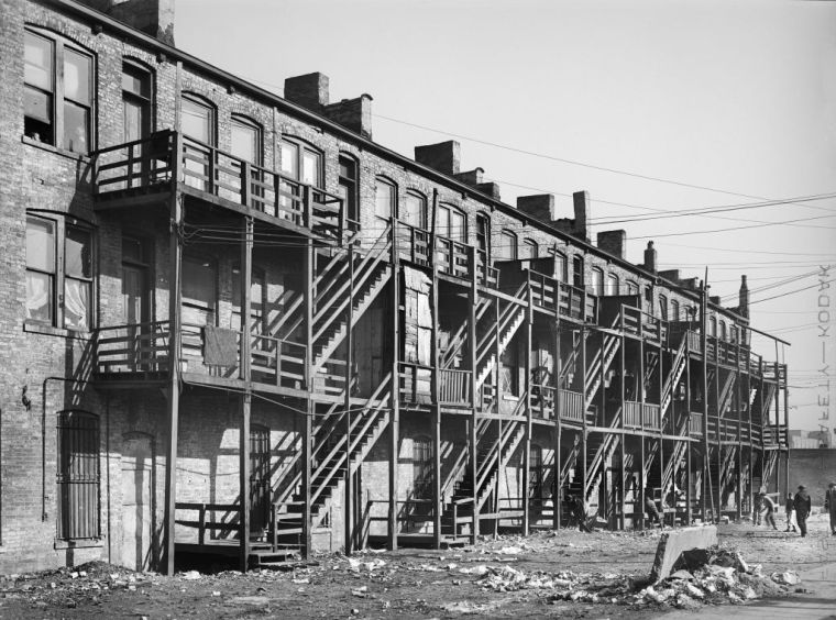 Rear View of Apartment Houses with Wood Staircase, South Side, Chicago, Illinois, USA, Russell Lee, U.S. Office of War Information/U.S. Farm Security Administration, April 1941
