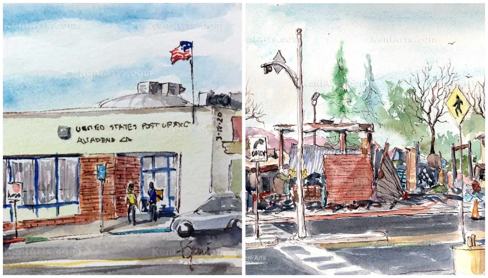 Before and after paintings by Keni Arts of Altadena after the Eaton Fire.