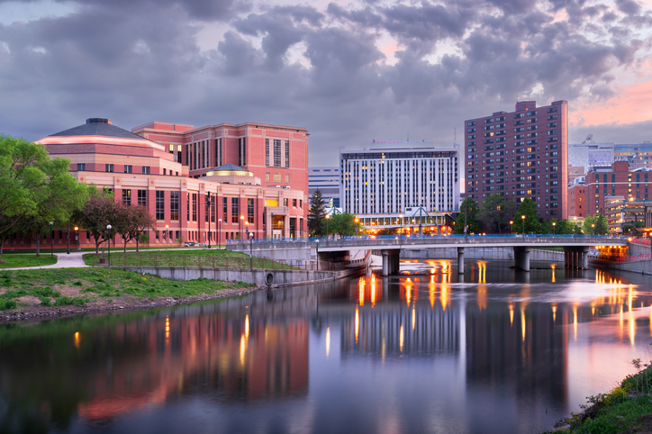 Rochester, Minnesota, USA cityscape on the Zumbro River