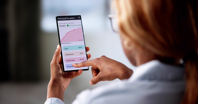 Young Black Woman Tracking Finance On Phone Web Account Hand, Black people, retirement, savings