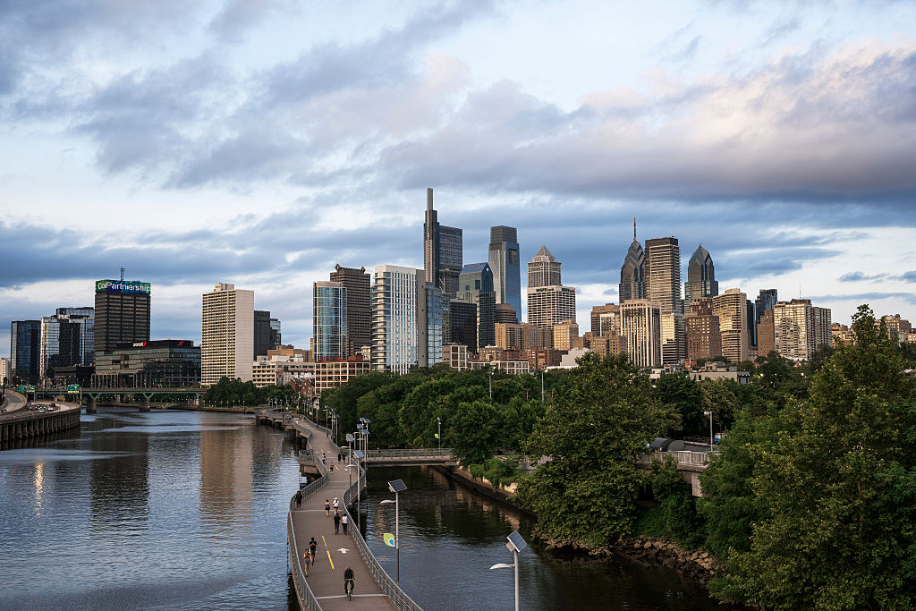 A general view shows the skyline of Philadelphia at sunset...