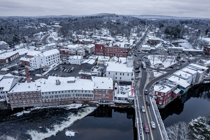 Aerial view of the Souhegan River and Milford, New Hampshire