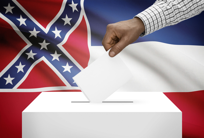 Ballot box with US state flag on background - Mississippi, Supreme Court, Election map 