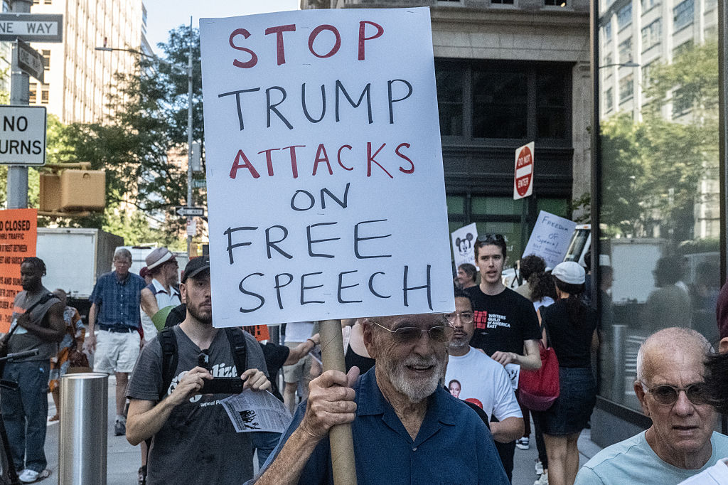 Activists Demonstrate Against ABC's Decision To Suspend Late Night Host Jimmy Kimmel Over Comments About Charlie Kirk Shooting
