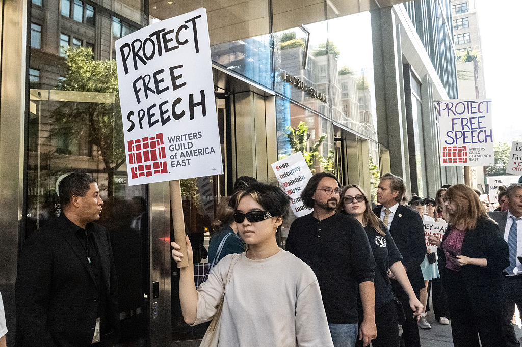 Activists Demonstrate Against ABC's Decision To Suspend Late Night Host Jimmy Kimmel Over Comments About Charlie Kirk Shooting