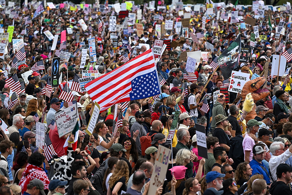 Demonstrators Protest During The "No Kings" March In Chicago, Illinois