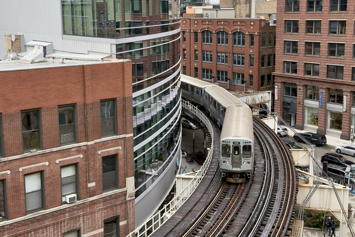 Downtown Chicago with office buildings and the L-train