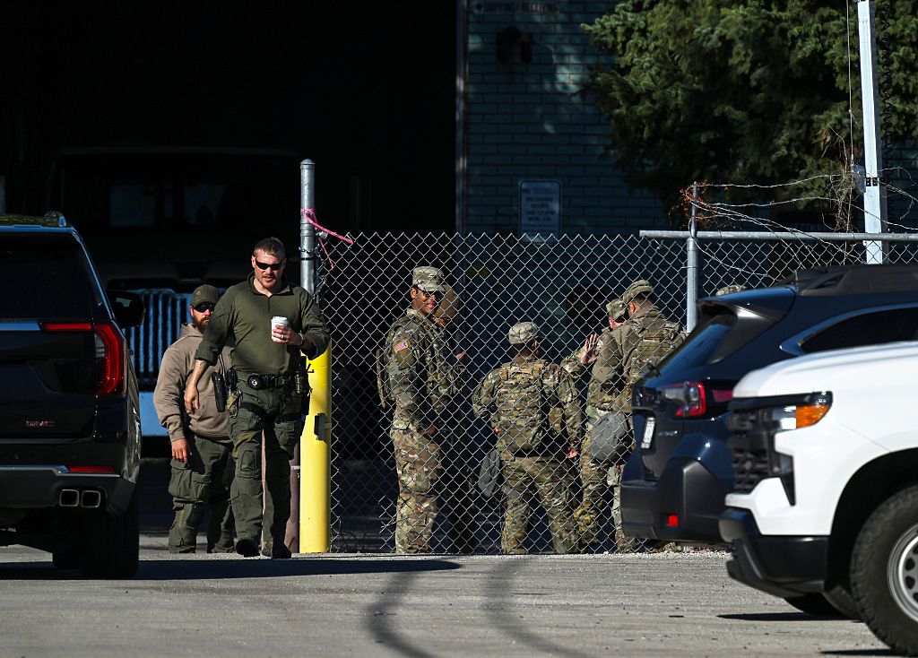 National Guard Troops Stand Outside The ICE Facility In Broadview, Illinois