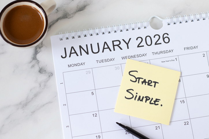 Start simple, inspirational handwritten quote with 2026 calendar and coffee cup