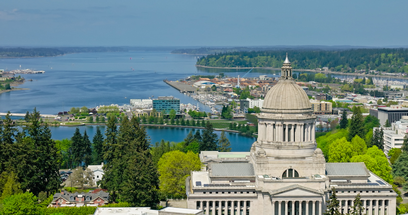 Puget Sound Inlet Behind Washington's State Capitol Building - Aerial