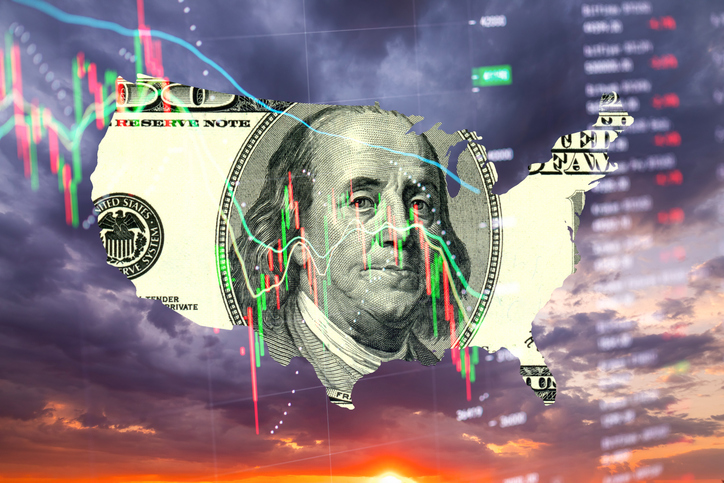 One hundred dollar bill shaped like US map and economic data