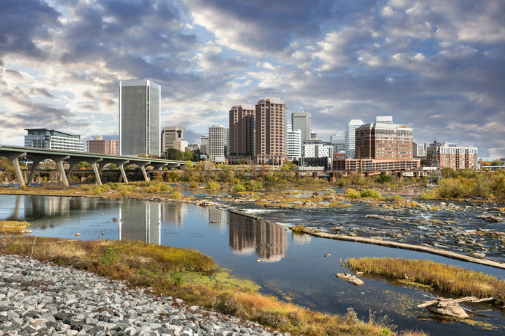 Richmond Virginia downtown city skyline view over the James River USA