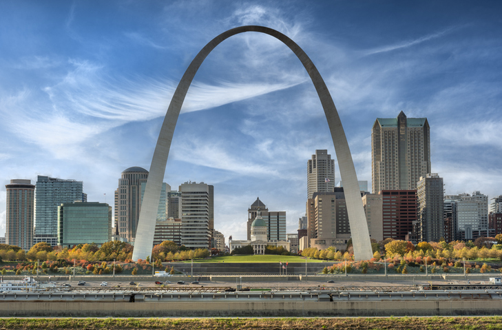 St. Louis Missouri downtown skyline Gateway Arch over Mississippi