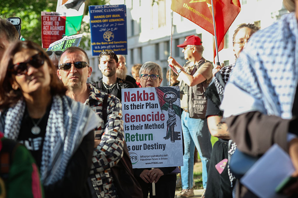 Protesters gather near Downing Street to demonstrate against Israeli Attacks on Iran and Gaza