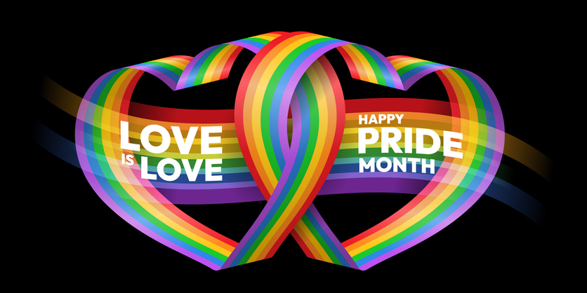 Happy pride month, Love is love Text on long light rainbow pride flag waving with twin heart cross to cross on black background vector design