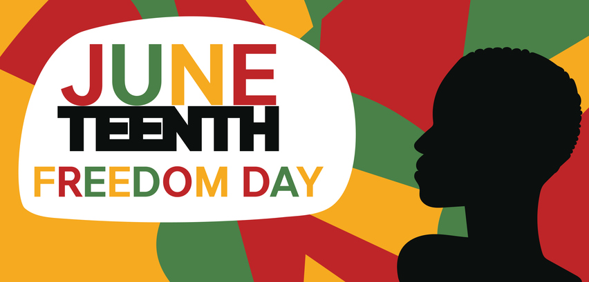 Juneteenth freedom day graphic with bold text and a black profile silhouette