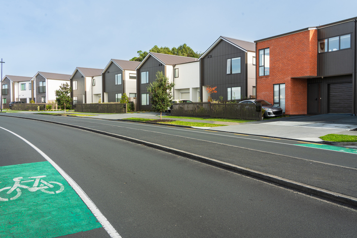 Residential neighborhood featuring cycle lane infrastructure.