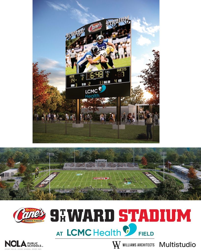 Football game in progress on a field, with a large video display board showing the score and game details. The field is surrounded by spectators and the Raising Cane's 9th Ward Stadium at LCMC Health Field is visible.