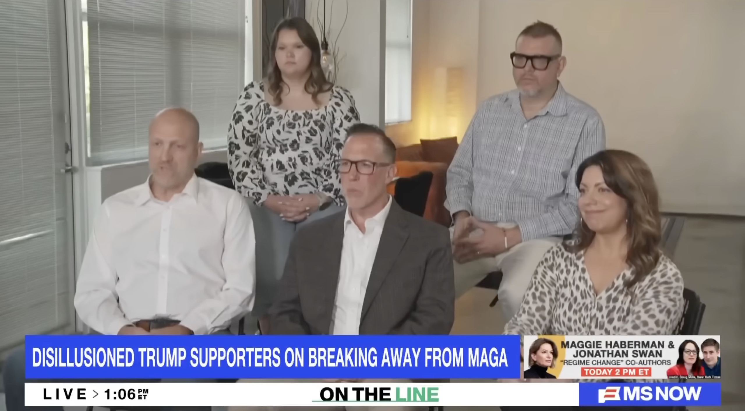 A group of people, including a man with glasses and a woman in a leopard print top, are shown on a TV news broadcast discussing disillusionment with former US President Trump and his supporters.