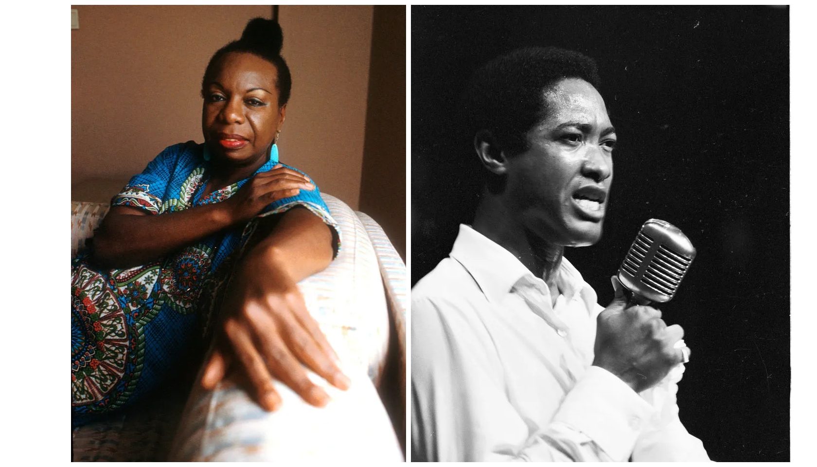 A portrait of a woman in a colorful patterned dress, and a black and white photograph of a man speaking into a microphone.