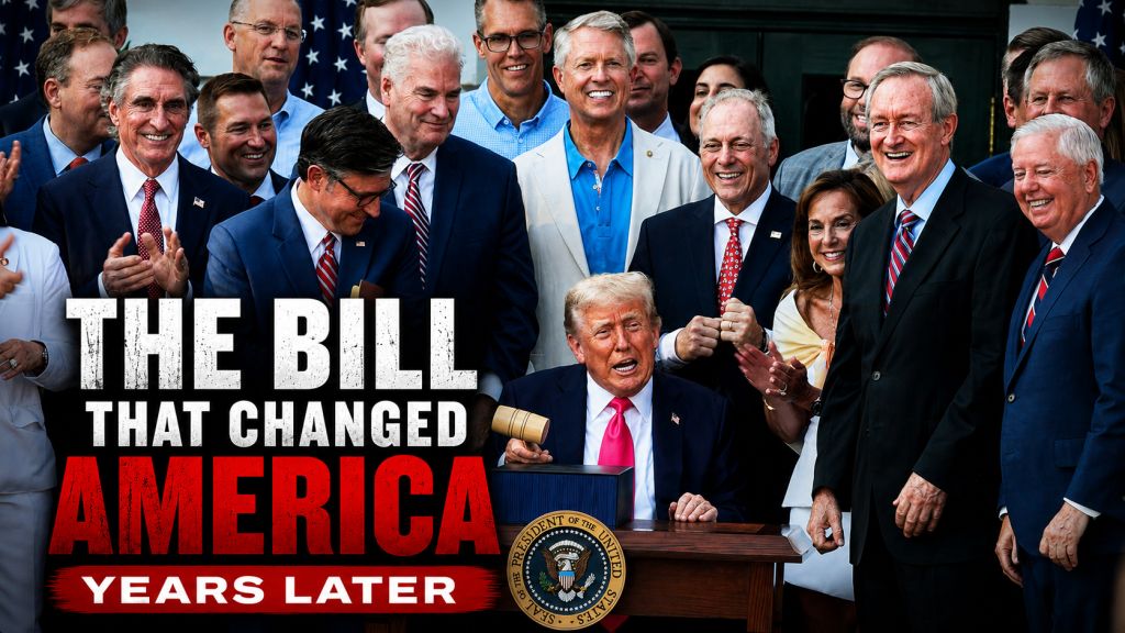 A group of politicians and government officials, including former U.S. President Donald Trump, gathered together and celebrating "The Bill That Changed America Years Later".