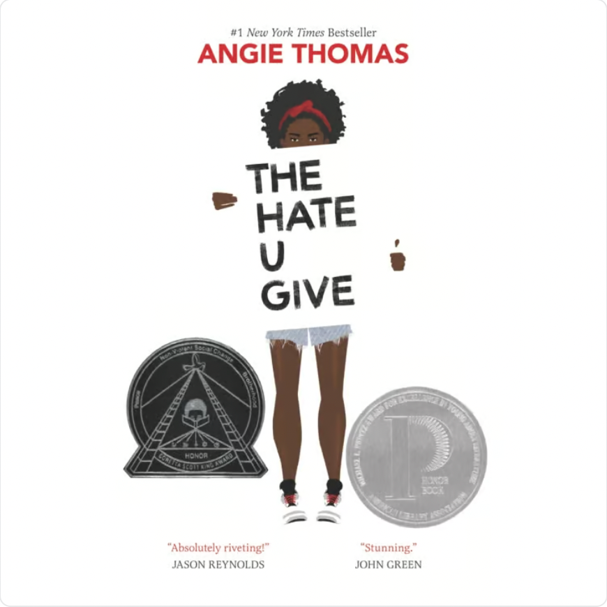 The cover of the book "The Hate U Give" by Angie Thomas, featuring an illustration of a young Black person with curly hair and the book's title.