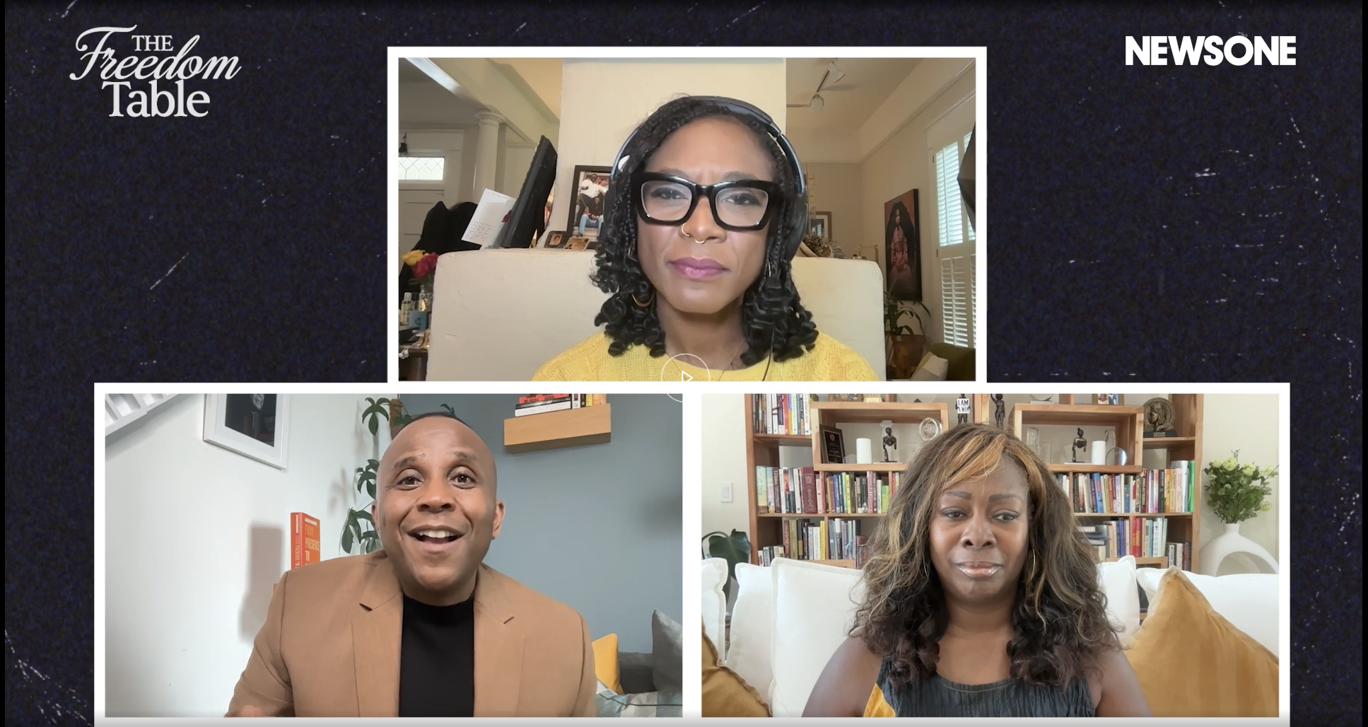Three people participating in a virtual discussion, shown in separate video frames. The woman in the center has curly hair and glasses, while the man on the left has a bald head and the woman on the right has long, dark hair.