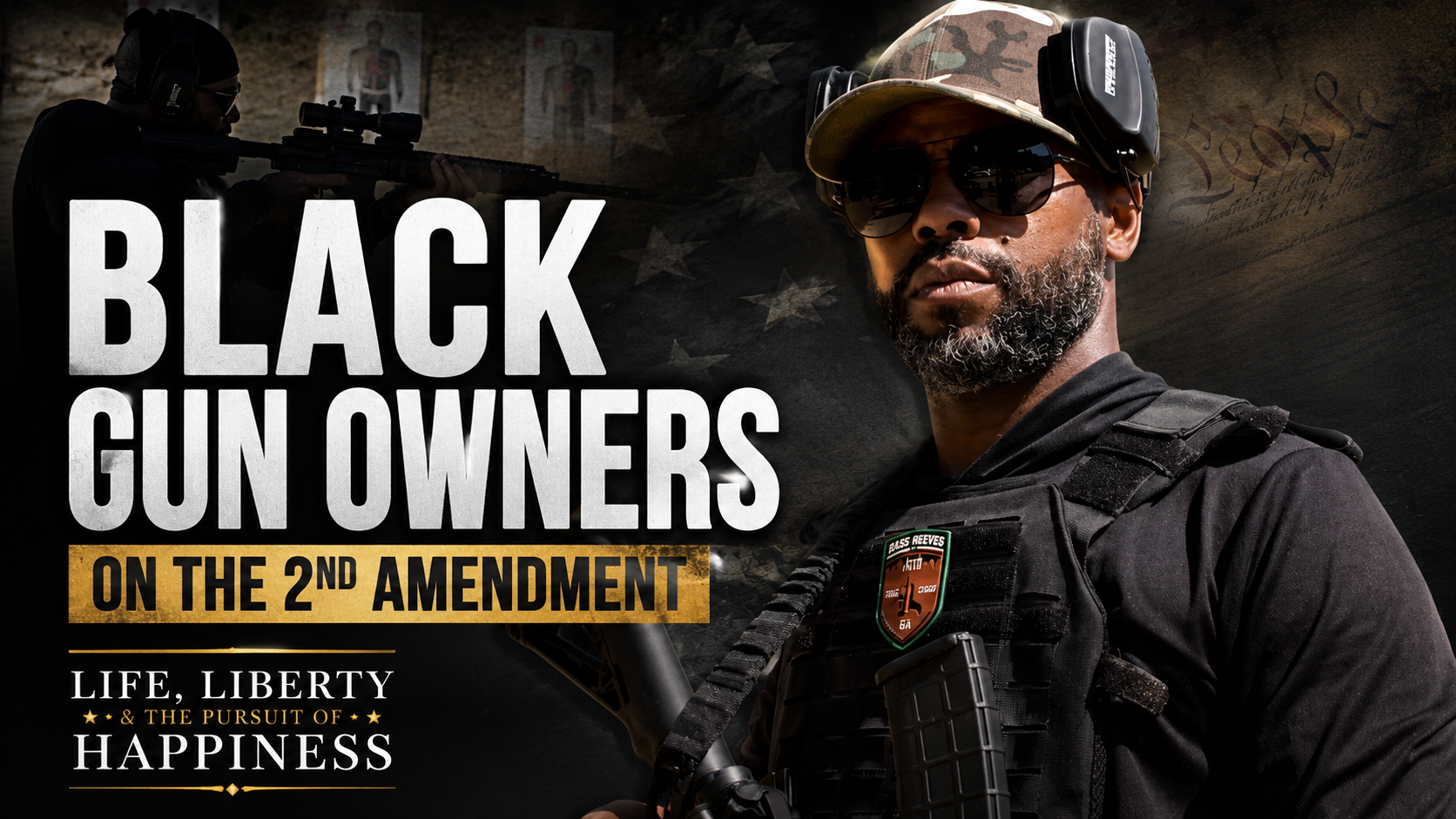 A man wearing a black tactical vest and sunglasses, holding a rifle, with the text "BLACK GUN OWNERS ON THE 2ND AMENDMENT" displayed above him.