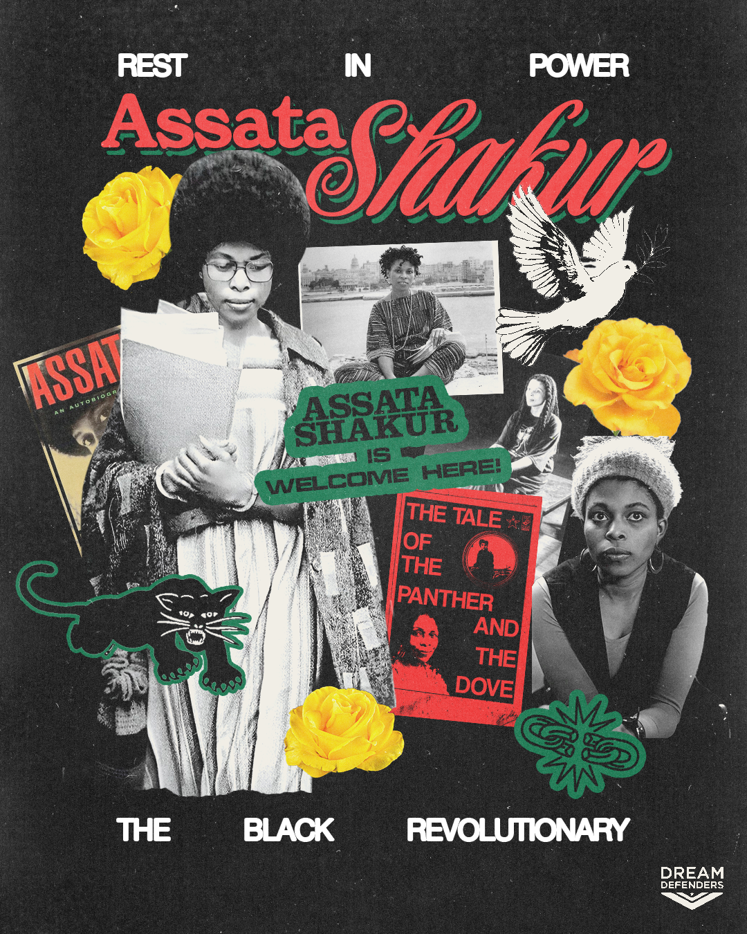 A collage featuring Assata Shakur, with images, text, and symbols related to the Black Panther Party and revolutionary activism.
