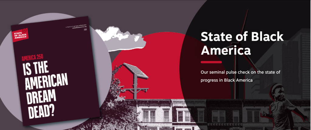 A book titled "America 250: Is the American Dream Dead?" against a backdrop of a red sun, a statue, and a building.