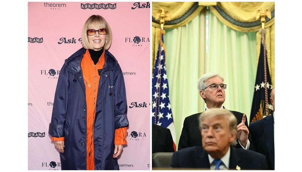 A woman in sunglasses and an orange jacket stands in front of a pink backdrop with event branding. Two men in suits stand in a room with American flags.