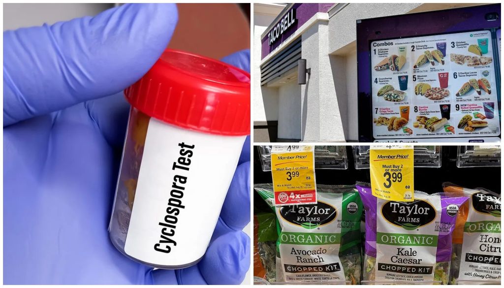 A close-up of a bottle labeled "Cyclospora Test" and a grocery store display showing menu items and organic produce brands.