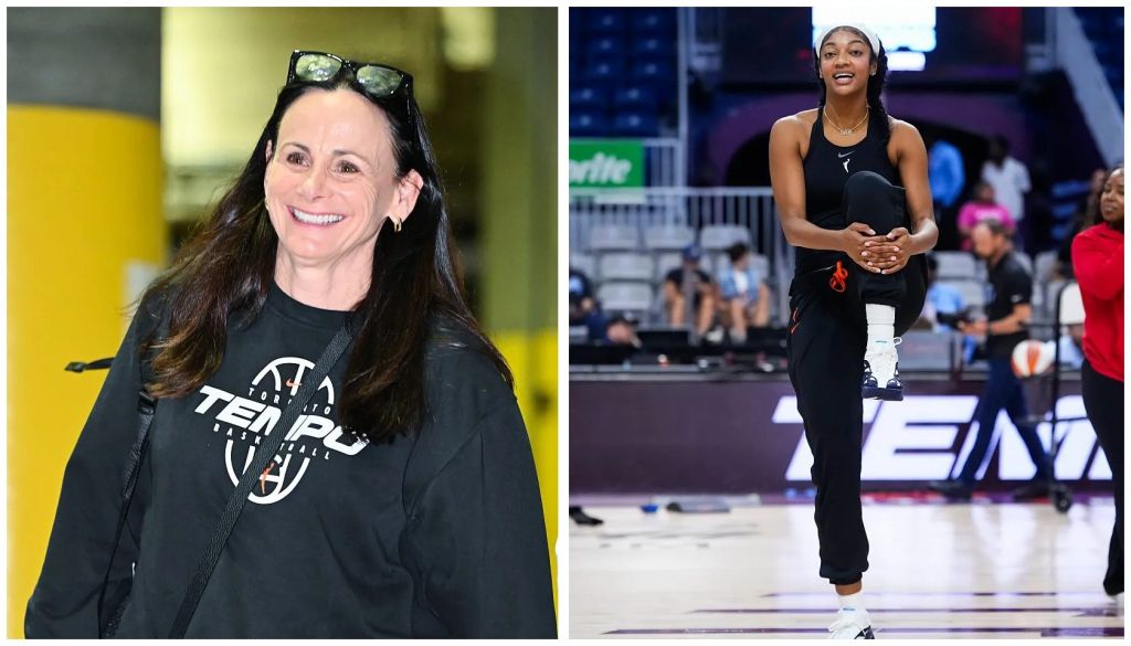 A smiling woman wearing a black "Team Rubicon" t-shirt, and a woman in athletic wear standing on a basketball court.