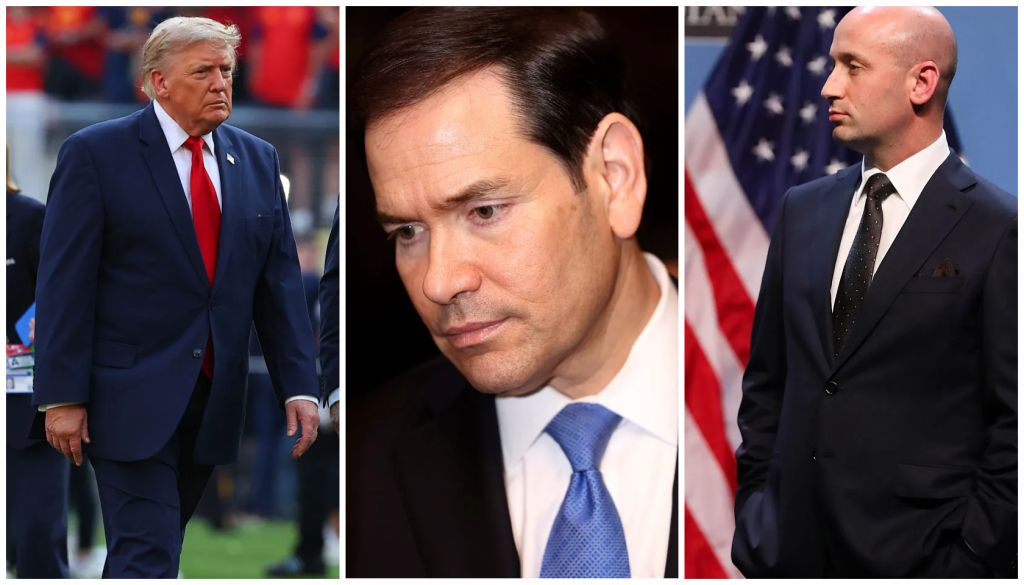 Three men in suits: Donald Trump, Marco Rubio, and an unidentified man standing in front of an American flag.