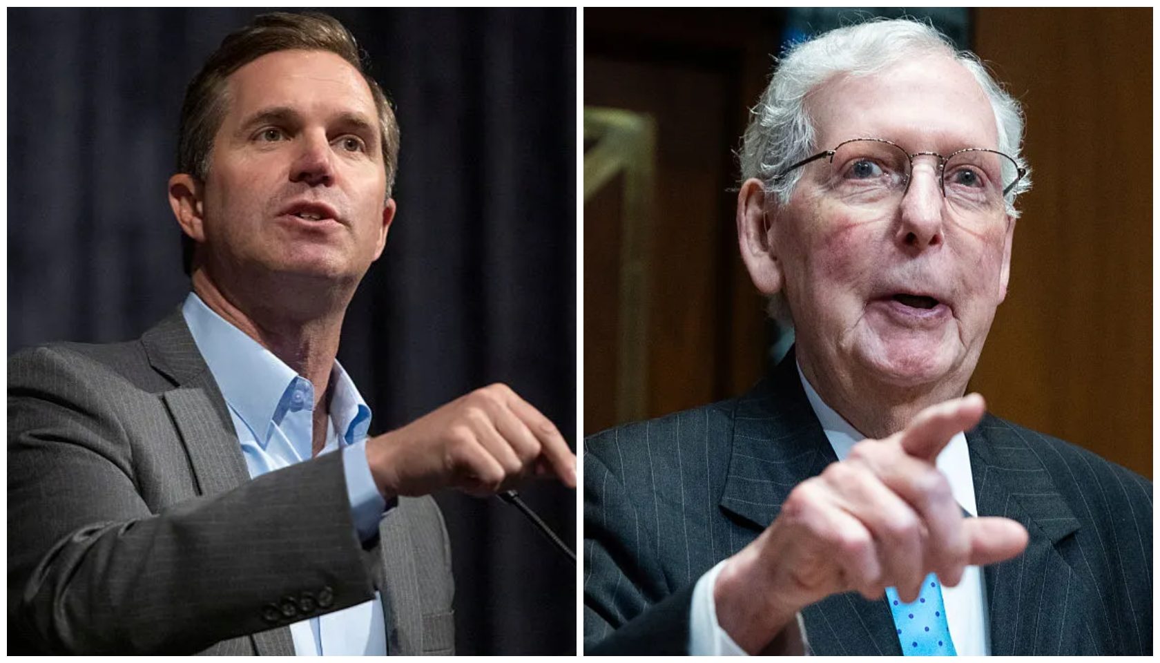 Two politicians speaking at podiums, one with gray hair and glasses, the other with brown hair.