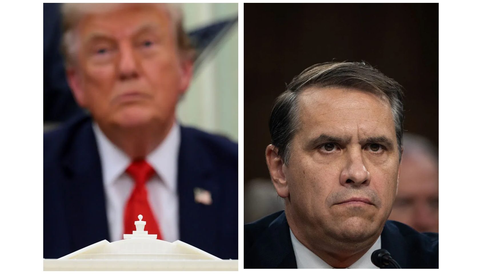 Two headshot portraits of political figures: a man with an angry expression wearing a red tie, and a man with a serious expression.