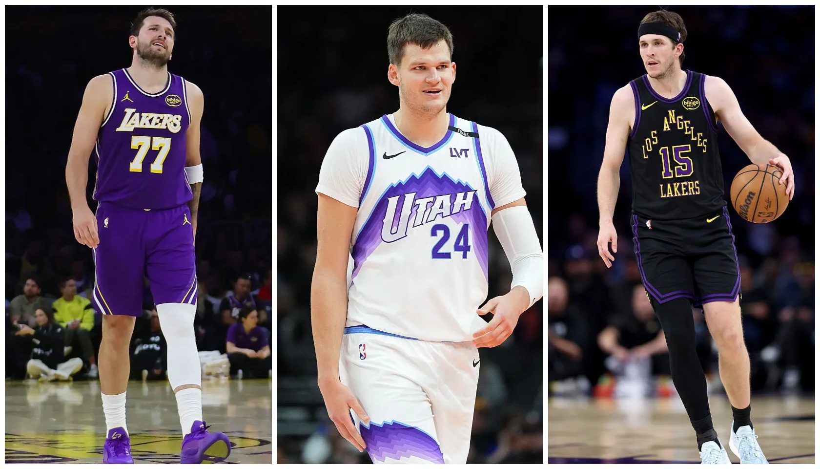 Three basketball players wearing Lakers jerseys on a basketball court.