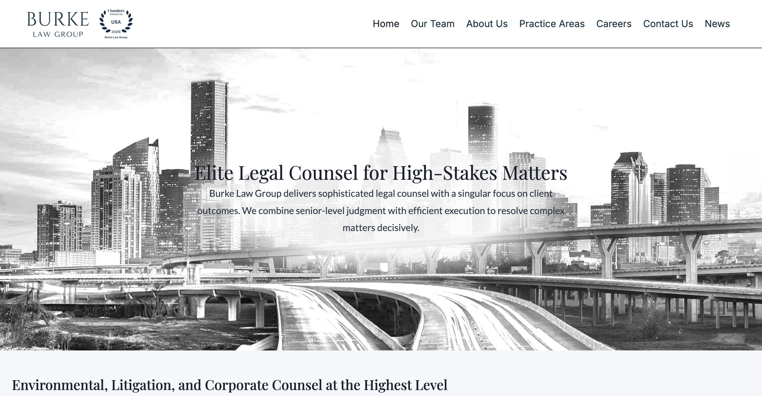 Skyline of a major city with high-rise buildings, highways, and bridges in the foreground. Text reads "Elite Legal Counsel for High-Stakes Matters".