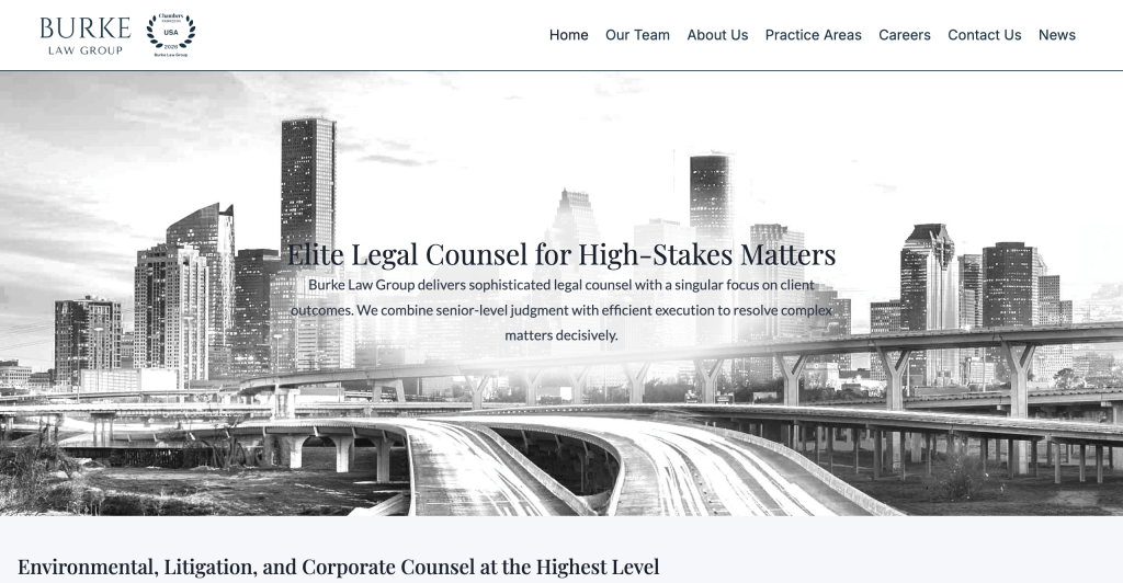 Skyline of a major city with high-rise buildings, highways, and bridges in the foreground. Text reads "Elite Legal Counsel for High-Stakes Matters".