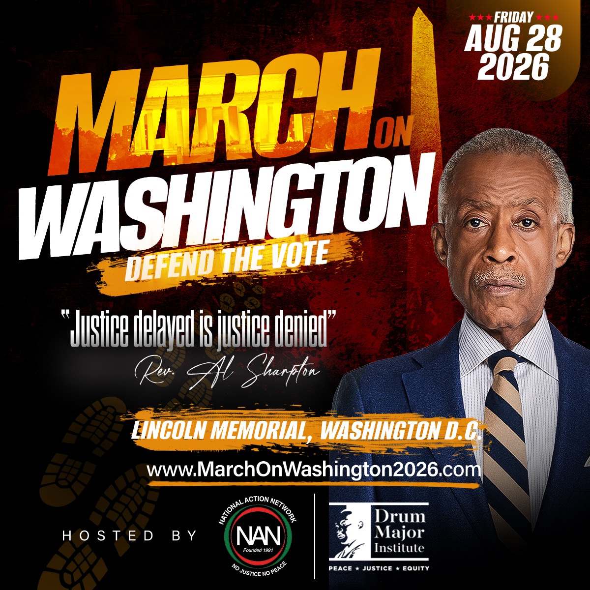 March on Washington: Defend the Vote. Image shows a man in a suit and tie, likely a prominent civil rights leader, with text promoting a march on Washington, D.C. on August 28, 2026 to defend voting rights.